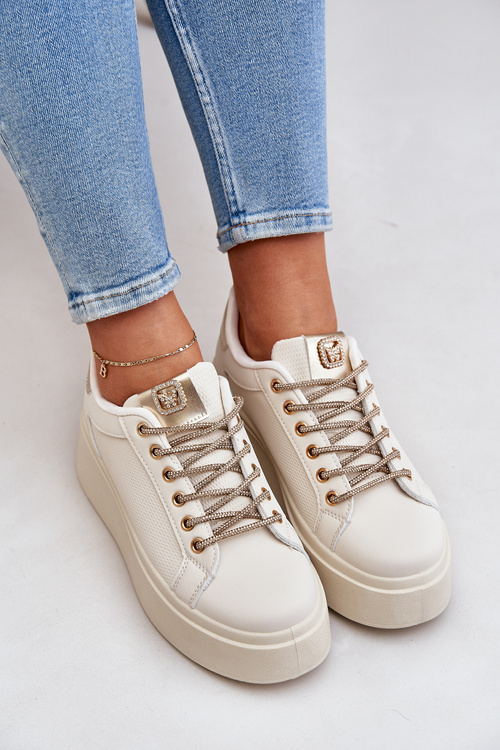 Sneakersy Na Platformie Z Ozdobnymi Sznurówkami Beżowe Fonetha
