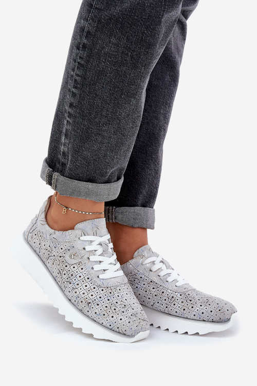 Zamszowe Wzorzyste Buty Sportowe Na Platformie Z Brokatem D&A LR51-635 Srebrne