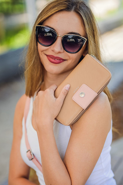 Duży Portfel Damski Na Suwak Brązowo-Różowy Huntress