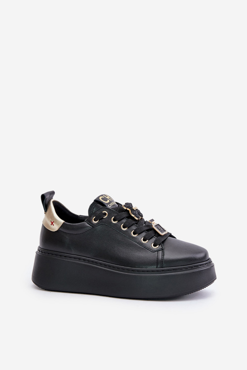 Sneakersy Damskie Skórzane Z Przypinkami Na Platformie CheBello 4596 Czarne