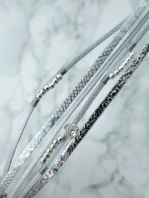 Damska Bransoleta Rzemień Srebrna Koraliki Michiko