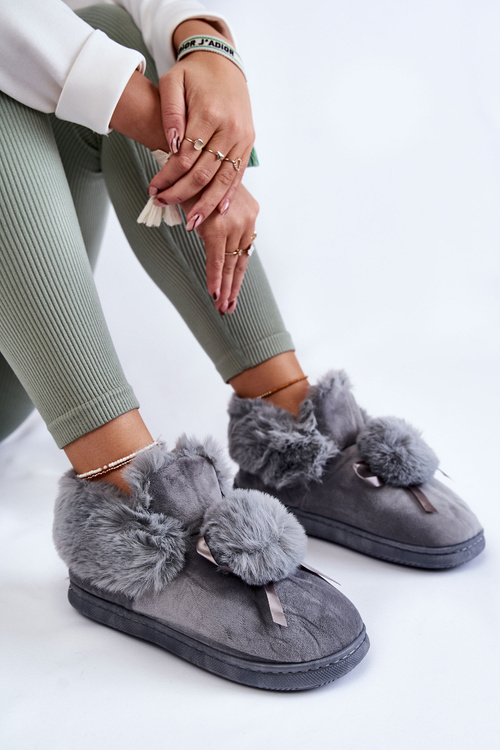 Damskie Wsuwane Futrzane Papcie Z Pomponem Szare Noemi