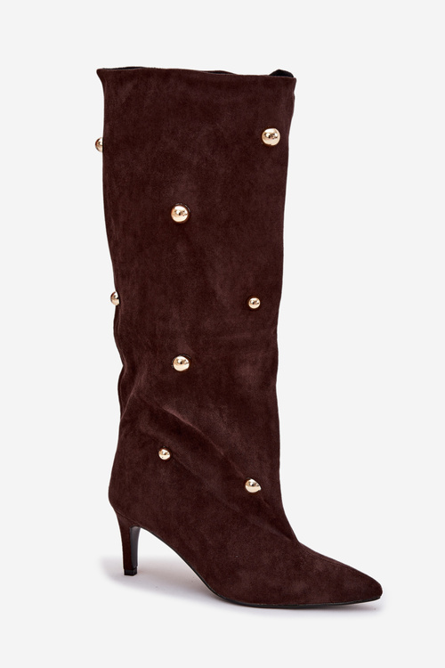 Wsuwane Kozaki Damskie Na Szpilce Ze Złotymi Ozdobami Czekoladowe Thaliane