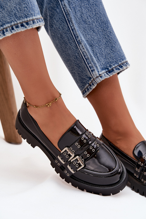 Mokasyny Damskie Lakierowane Z Paskami I Srebrnymi Klamrami Czarne Gabrisse