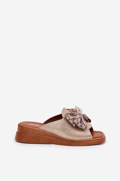 Klapki Damskie Na Koturnie Z Kokardą Złote Moonzella