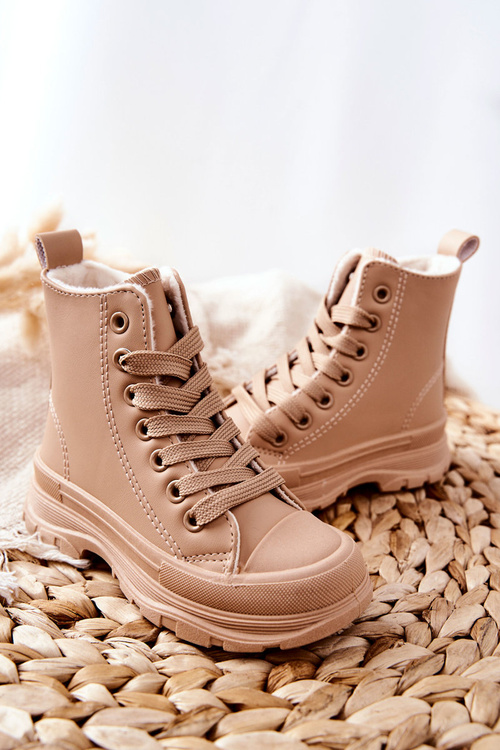 Dziecięce Skórzane Ocieplane Trampki Beżowe Bomi