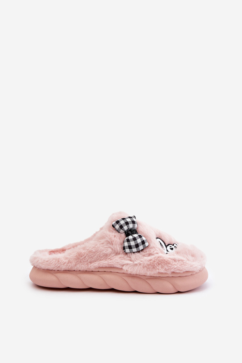 Futrzane Kapcie Damskie Z Naszywkami I Kokardką Różowe Linnorelia