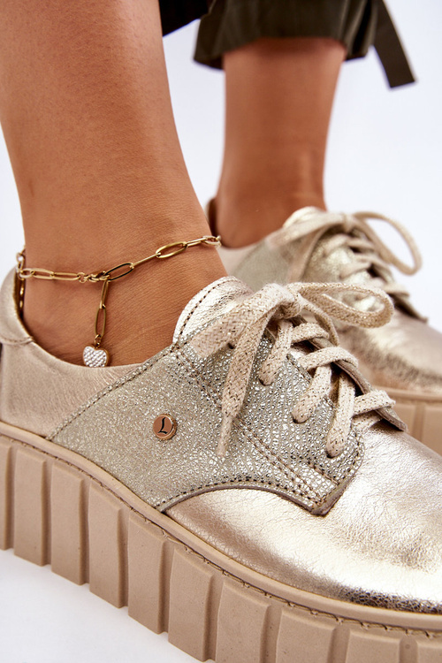 Zazoo 10128 Skórzane Półbuty Na Platformie Złote