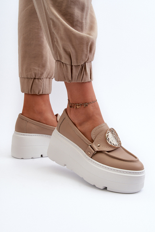 Zazoo 3458 Mokasyny Skórzane Damskie Z Ozdobą Beżowe