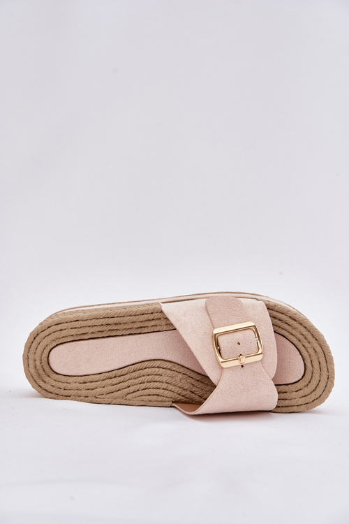 Klapki Damskie Na Platformie Ze Złotą Klamrą Beżowe Selira