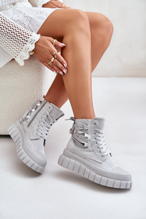 Wysokie Trampki Damskie Na Masywnej Platformie Ze Zdobieniem Szare Zaidria