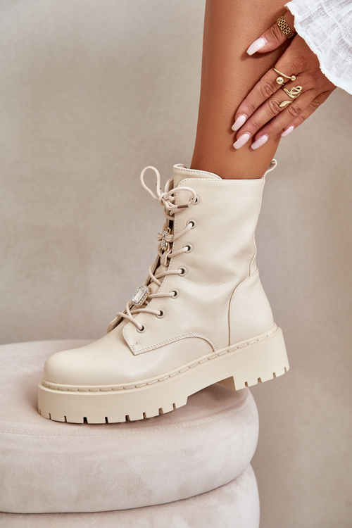 Ocieplane Botki Workery Damskie Z Przypinkami Beżowe Avorira