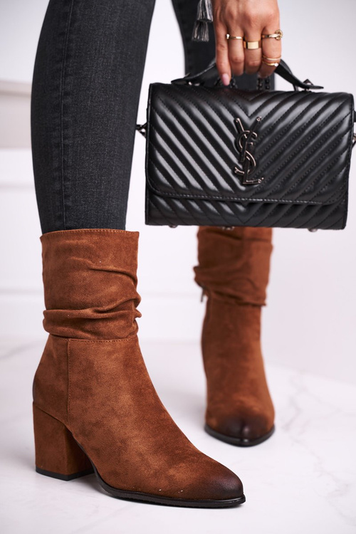 Botki Damskie Na Słupku Eko-Zamsz Camel Up Side