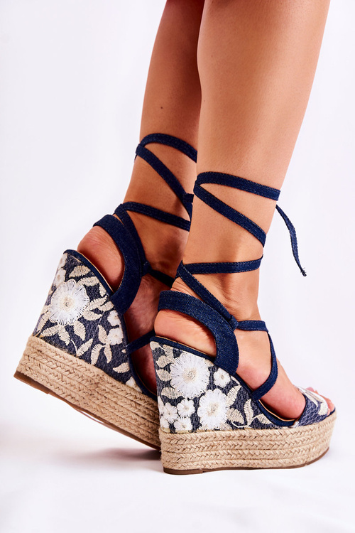 Modne Wiązane Sandały Na Koturnie Granatowe Recife