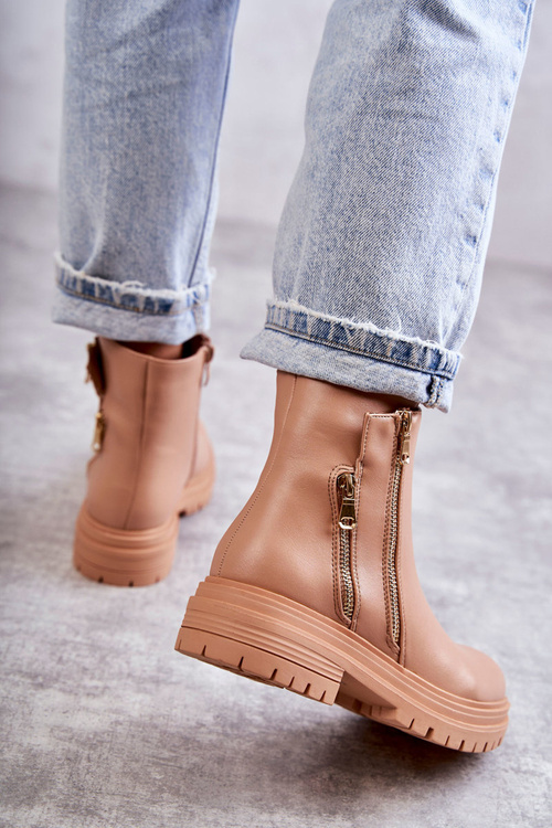 Damskie Skórzane Botki Na Suwak Beżowe Navarra