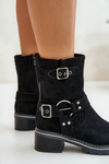 Botki Damskie Na Niskim Obcasie Z Klamrami Czarne Zudra