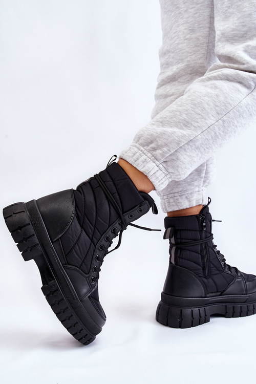 Damskie Botki Z Ociepleniem Sznurowane Czarne Ariadna