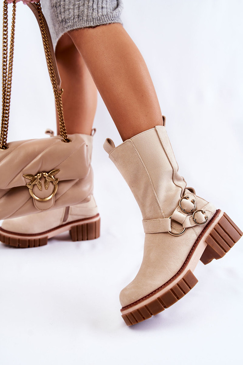 Damskie Zamszowe Ocieplane Botki Workery Beżowe Brinnon