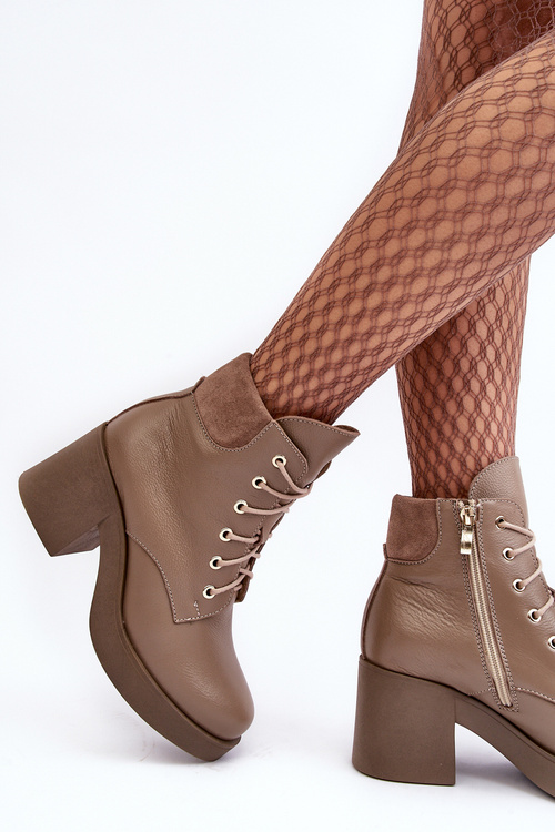 Skórzane Botki Damskie Na Słupku Ciemnobeżowe Lemar Leocera
