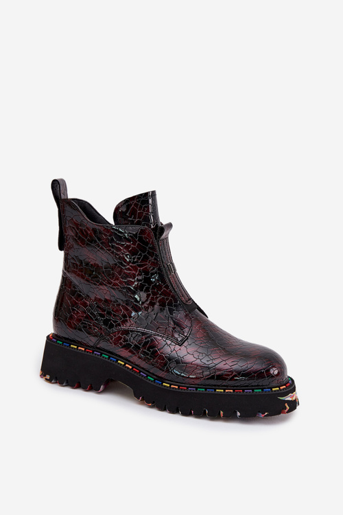 Lakierowane Botki Damskie Z Naturalnej Skóry Ocieplane Artiker 57C0165 Bordowe