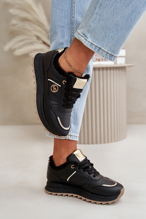 Buty Sportowe Damskie Ocieplane Futerkiem Na Platformie Czarne Lerisas