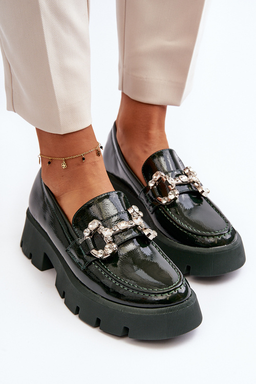 Damskie Lakierowane Mokasyny Z Ozdobą Ciemnozielone Arsaba
