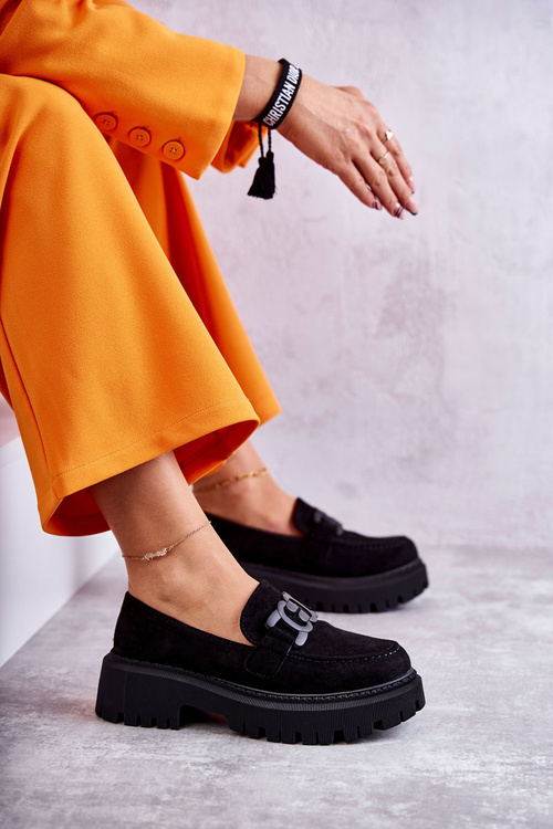 Damskie Półbuty Zamszowe Z Ozdobą Czarne Leeza