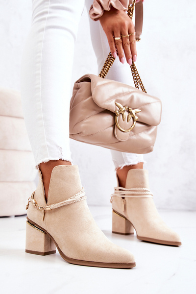 Zamszowe Botki Kowbojki Z Paskami Beżowe Inessa