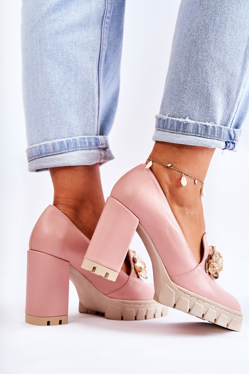 Eleganckie Czółenka Z Ozdobą Gładkie Różowo-Beżowe Caterine