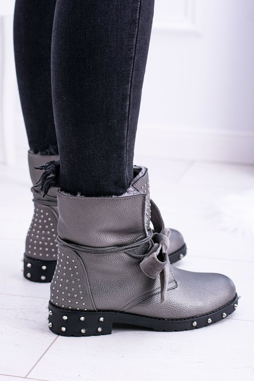 Damskie Botki Ocieplane Z Kolcami i Dżetami Srebrne Neso