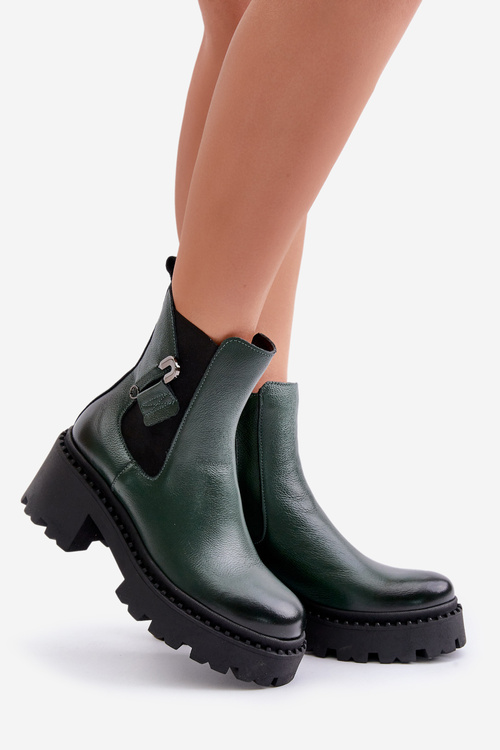 Zazoo 60490 Skórzane Ocieplane Botki Z Ozdobą Ciemnozielone