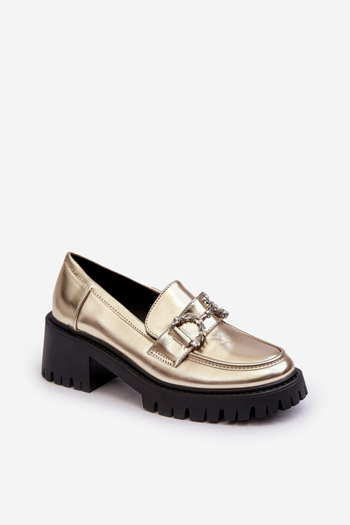 Damskie Skórzane Półbuty Na Masywnym Obcasie Złote Lemmitty