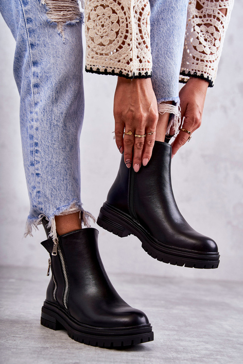 Damskie Skórzane Botki Na Suwak Czarne Navarra