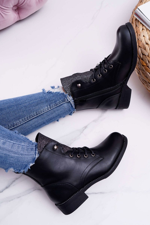 Damskie Botki Workery Płaski Obcas Czarne Flumen