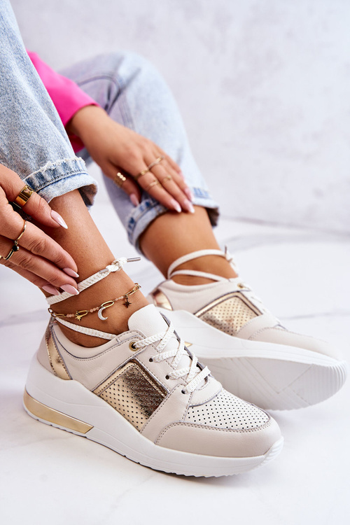 Damskie Skórzane Buty Sportowe Na Koturnie Beżowo-Białe Larson