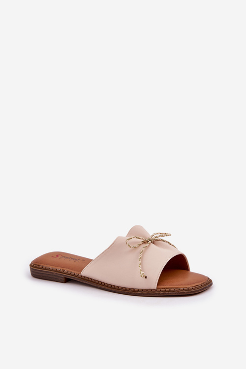 Klapki Na Płaskiej Podeszwie Z Ozdobną Kokardką Beżowe Deonelis