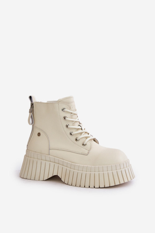 Ocieplane Skórzane Botki Trapery Na Masywnej Podeszwie GOE OO2N4127Jasnobeżowe
