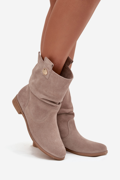 Skórzane Zamszowe Botki Damskie Z Marszczeniem Ocieplane Zazoo 4210 Beżowe