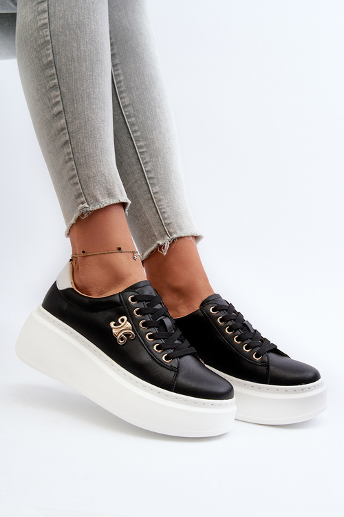 Skórzane Sneakersy Damskie Na Platformie Czarne Pernalia