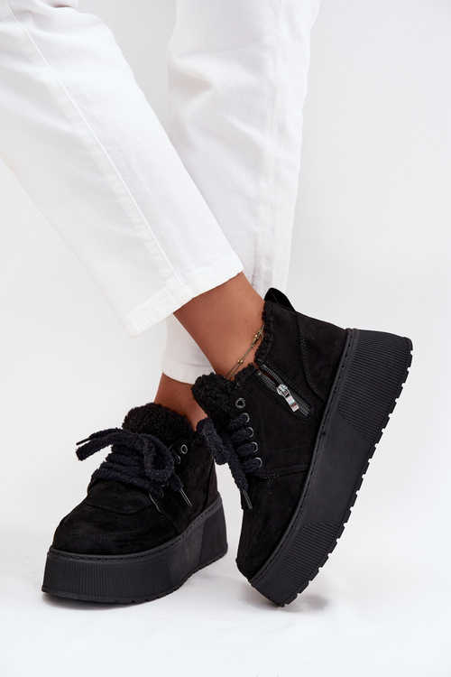 Śniegowce Damskie Na Platformie Z Futerkiem Typu Baranek Czarne Luma