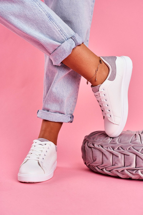 Sportowe Damskie Buty Białe z Szarym Zapiętkiem Milly