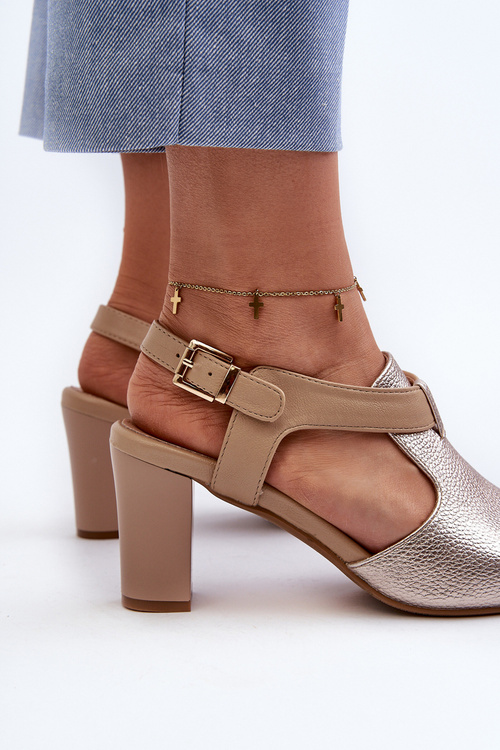 Sandały Damskie Na Słupku Z Eko Skóry Złote Queenmarie