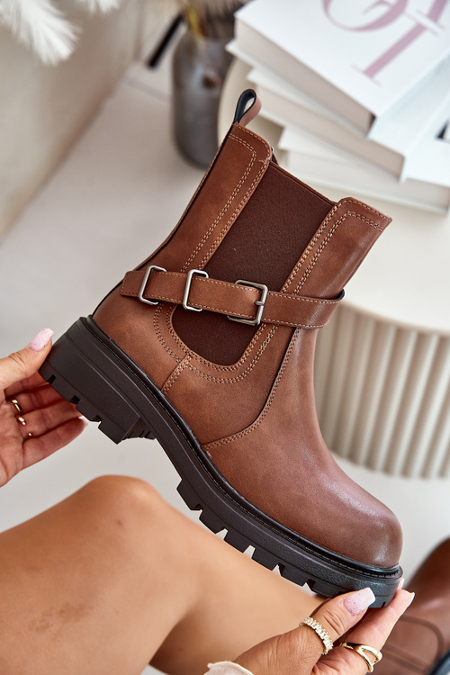 Skórzane Ocieplane Botki Sztyblety Z Paskiem Sergio Leone TR719-S Brązowe