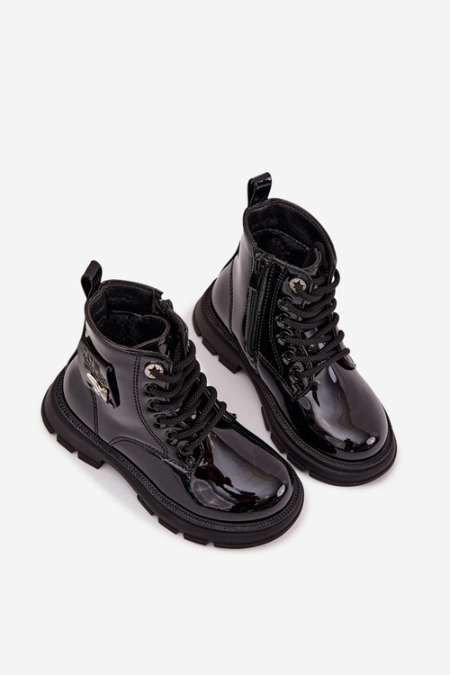 Ocieplane Botki Dziecięce Na Zamek Lakierowane Czarne Alverina