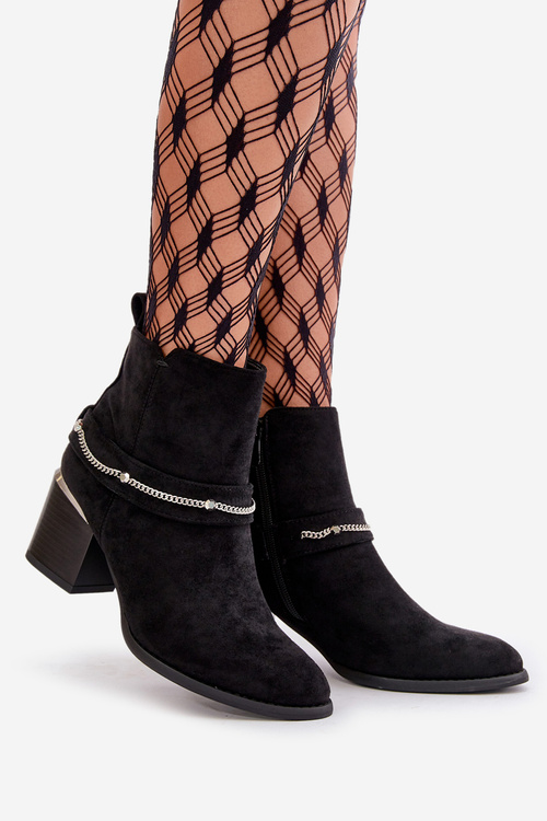 Ocieplane Botki Damskie Na Słupku Z Łańcuszkiem Eko Zamszowe Czarne Hanalen