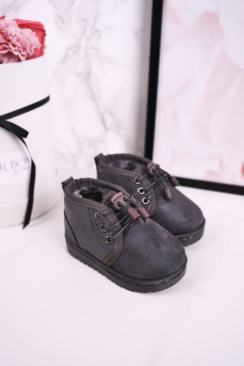 Dziecięce Sznurowane Śniegowce Ocieplone Futerkiem Szare Hunter