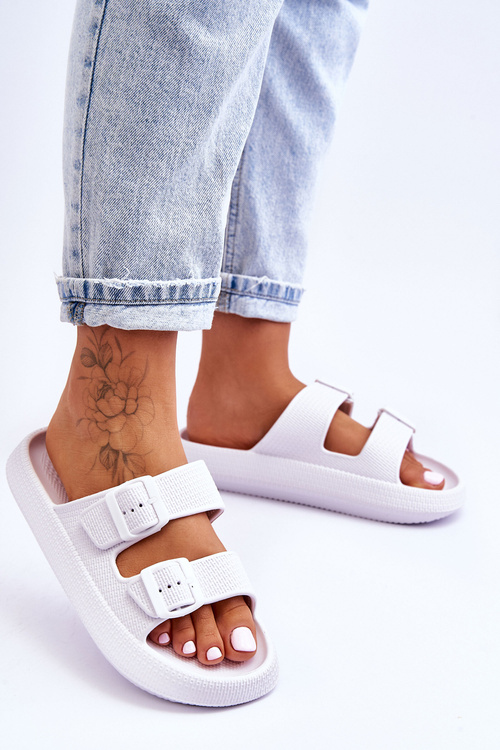 Damskie Piankowe Klapki Z Paskami Białe Sharmen