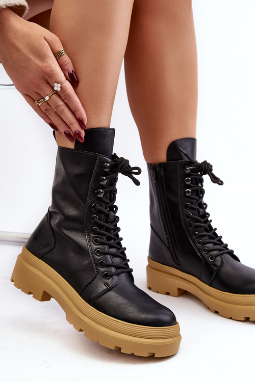 Botki Workery Damskie Ekoskóra Czarne Irande - Jasna Podeszwa