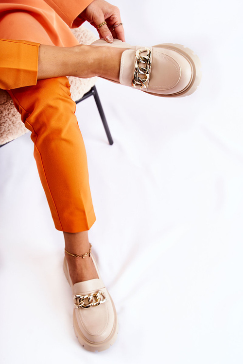 Skórzane Półbuty Loafery Łańcuch Jasnobeżowe Amicable