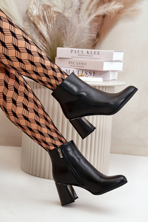 Gładkie Botki Damskie Na Słupku Z Eko Skóra Ocieplane Czarne Milisea